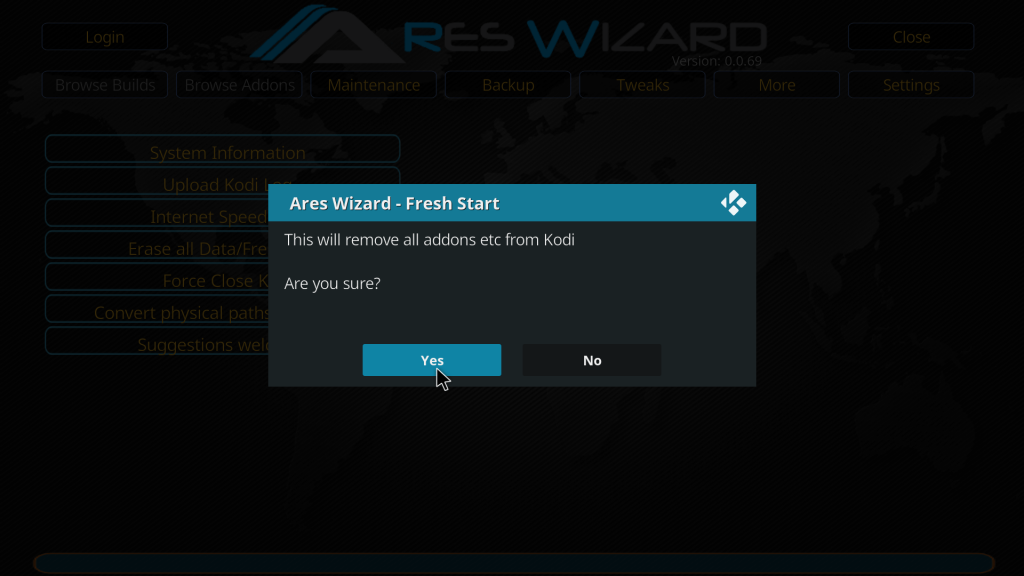 Tap Yes to Reset Kodi