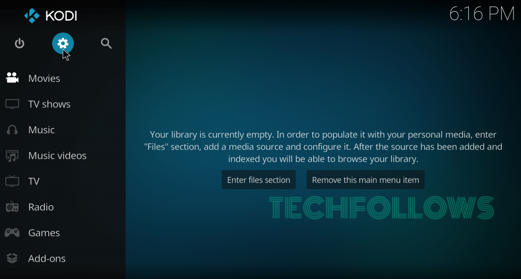 Click Settings icon on Kodi 