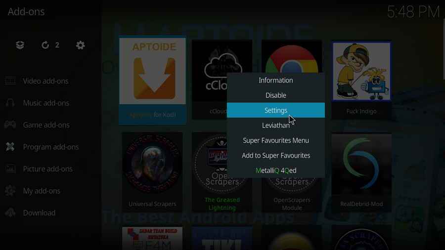 Right click on Aptoide TV and click Settings