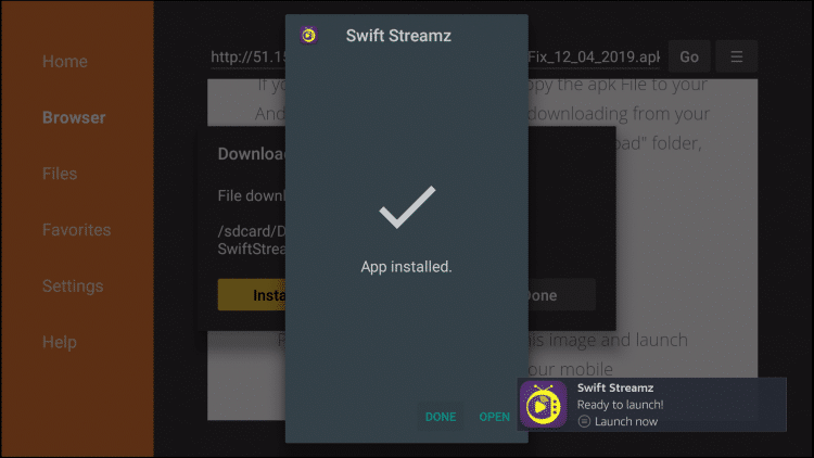 Tap the Open button to launch Swift Streamz Firestick