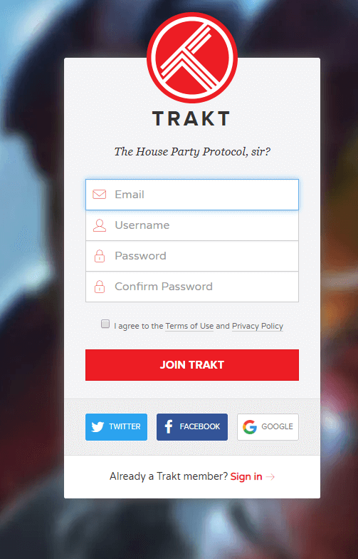 Sign up for Trakt