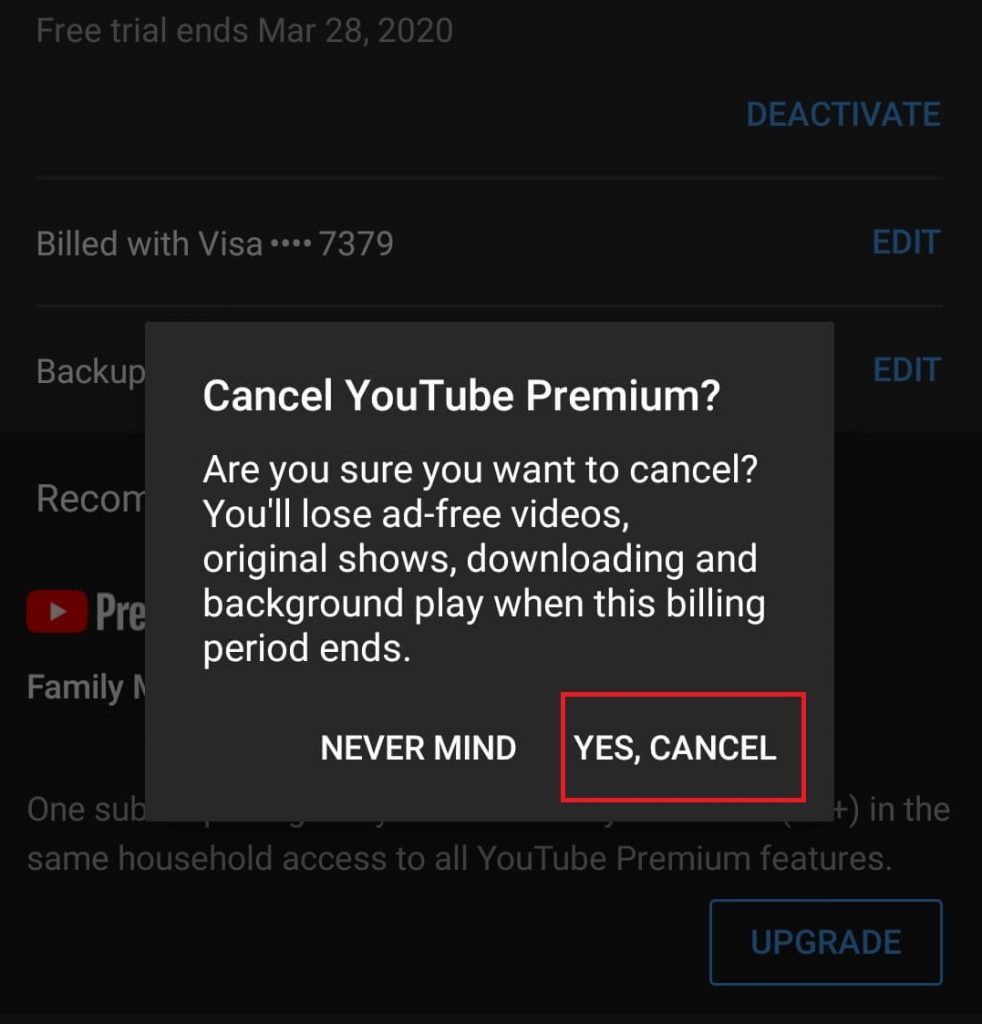 Cancel YouTube Subscription on Android/iOS