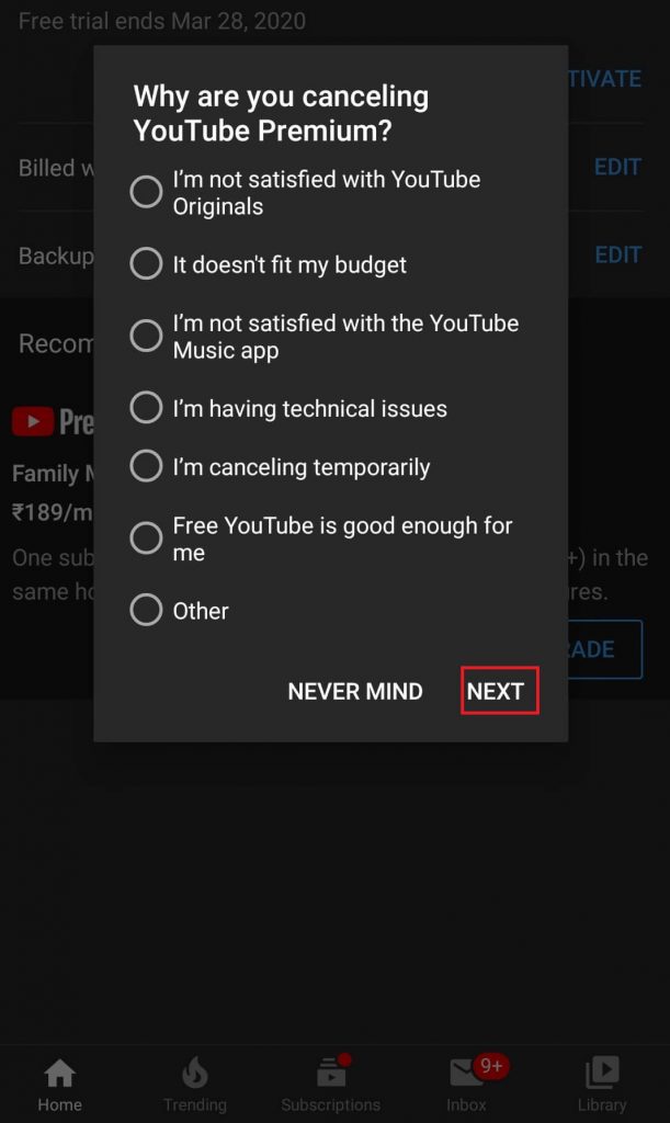 Cancel YouTube Subscription on Android/iOS