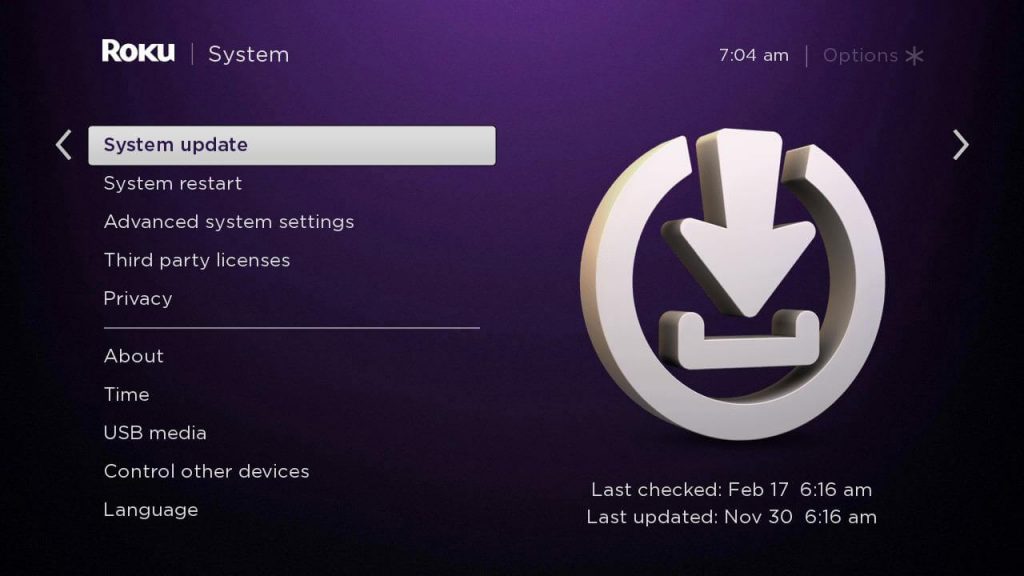 Select System Update on Roku