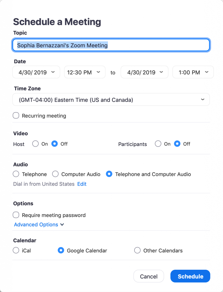 Schedule a Meet on ZOOM Cloud Meetings