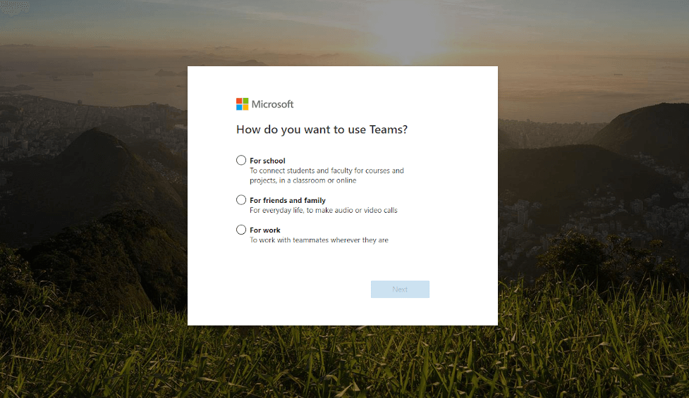 Choose how you are about to use Teams