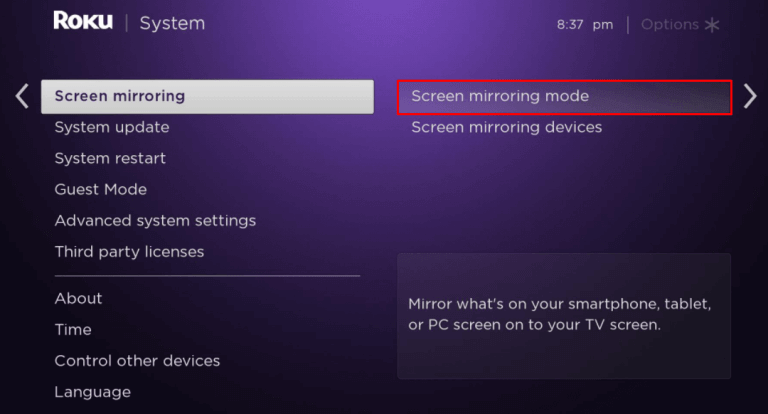 Select Screen Mirroring Mode