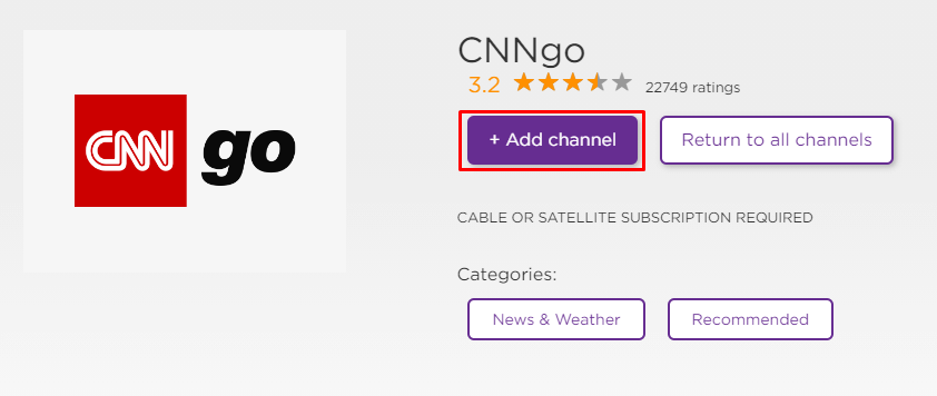 Click Add Channel to install CNNgo on Roku