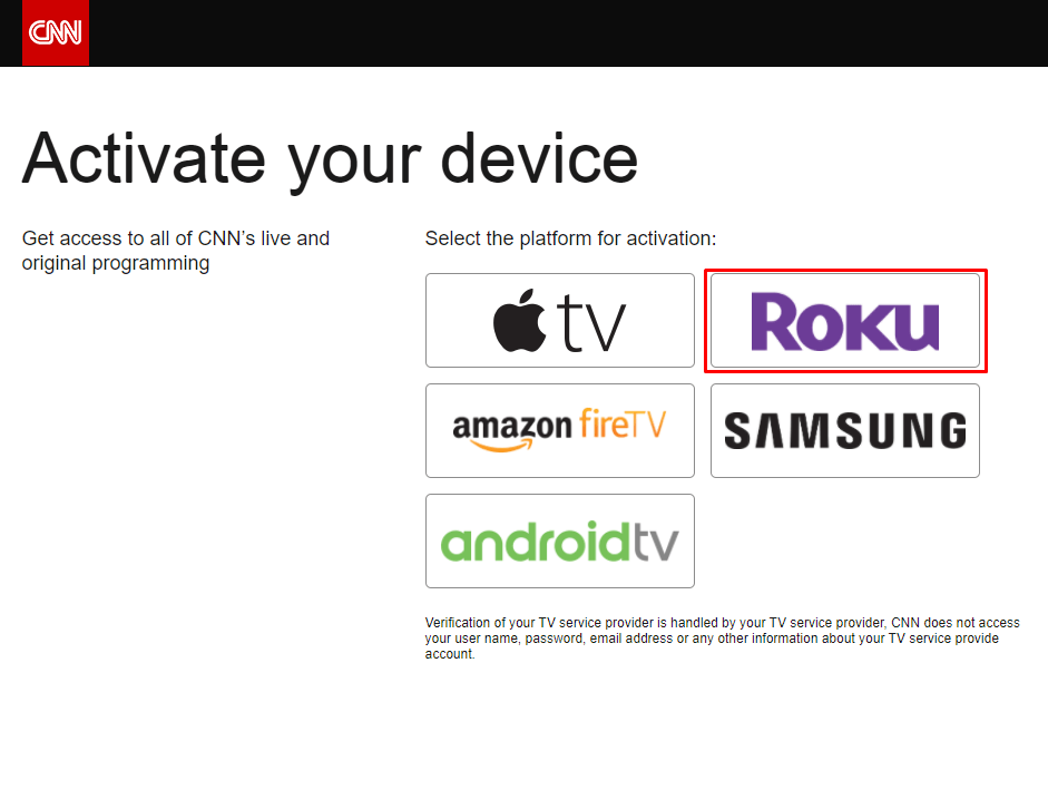 Select Roku to activate CNNgo on Roku