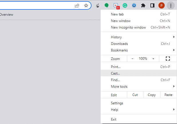 click on the Chrome menu and select the cast icon