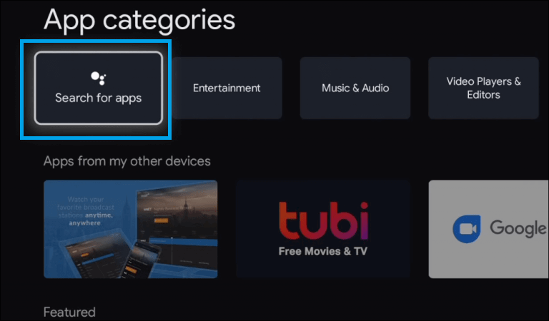click Search for Apps to install Plex on Google TV