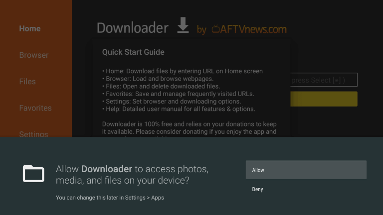 Downloader app allow necessary permissions 