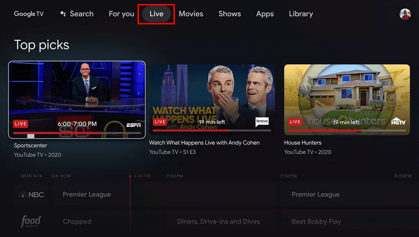 Select Live in Google TV