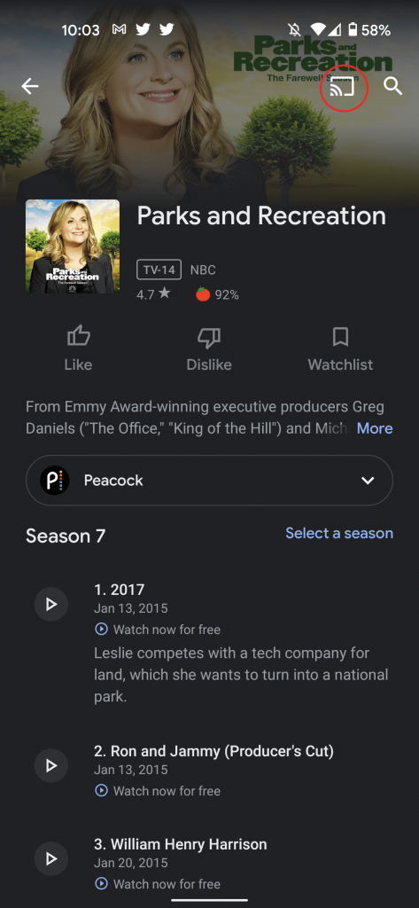 Click on cast icon to Chromecast peacock TV