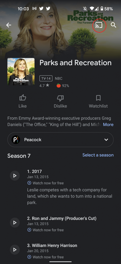 Click on cast icon to Chromecast peacock TV 