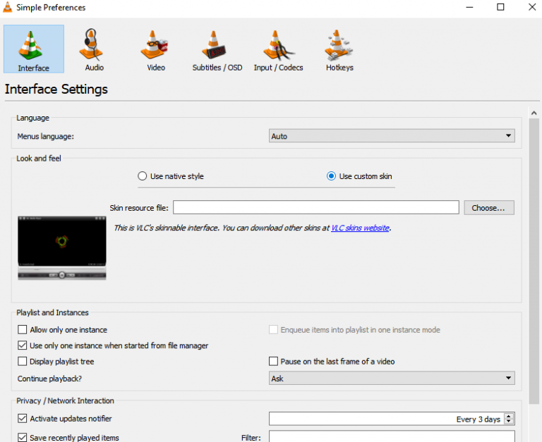 VLC Interface Settings