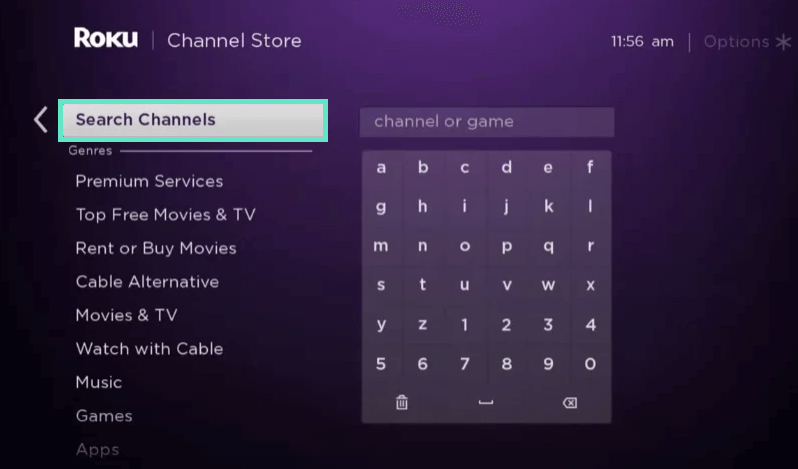 Tap search channels option