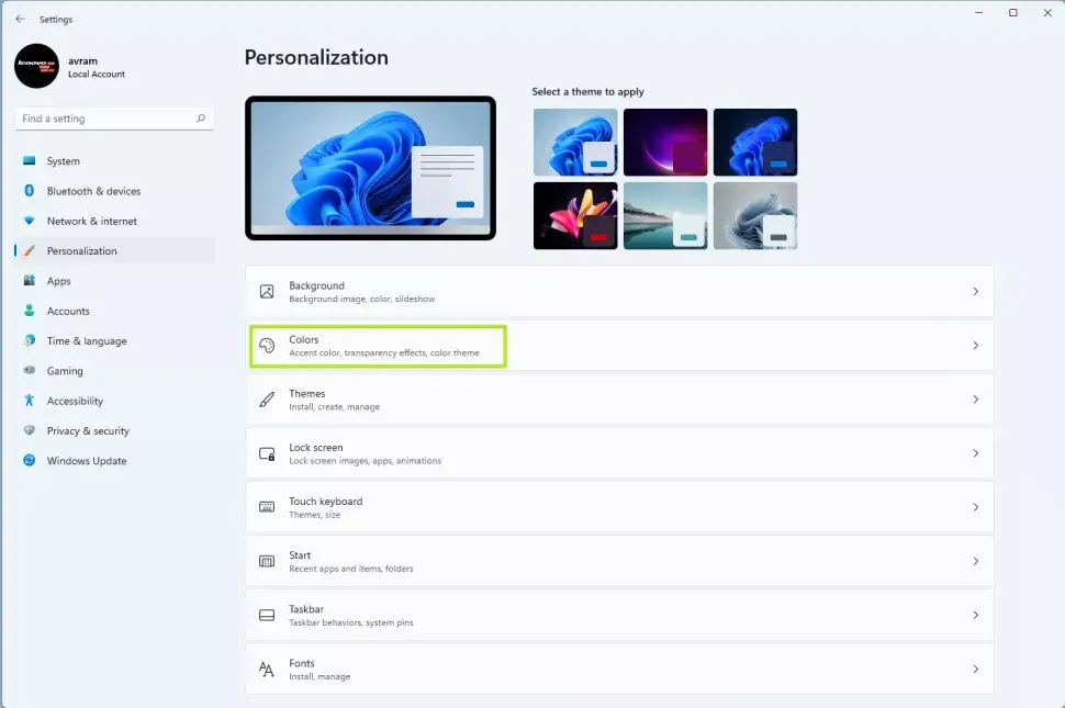 Personalization settings on Windows