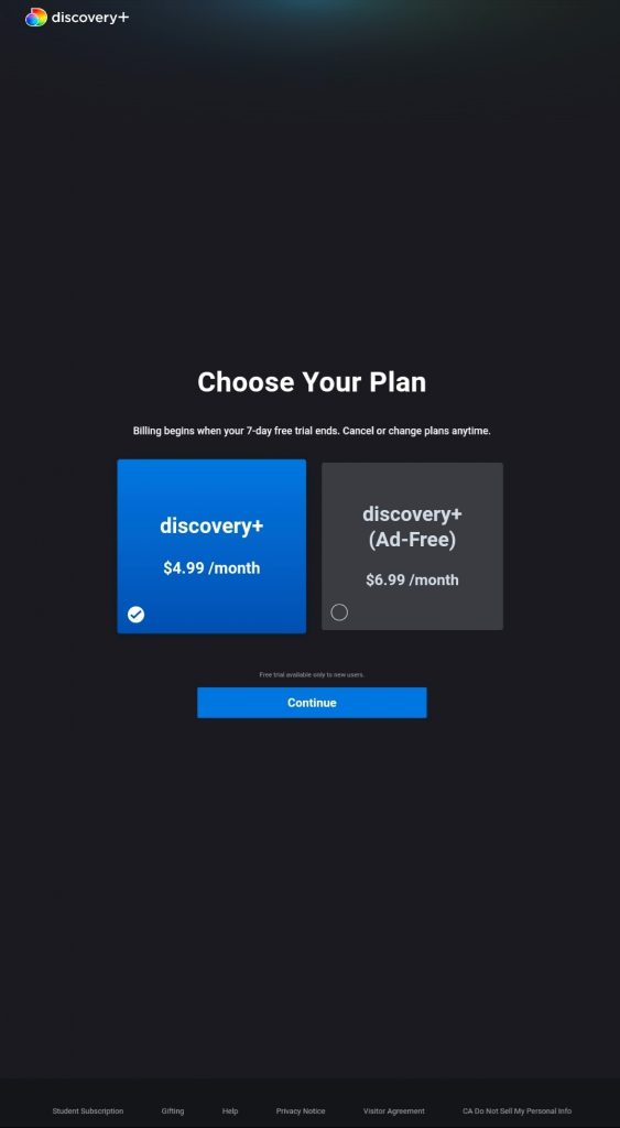 Select a plan and Continue.