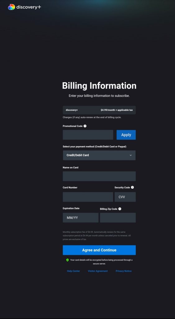 Enter your Billing information to get Discovery plus on Apple TV.
