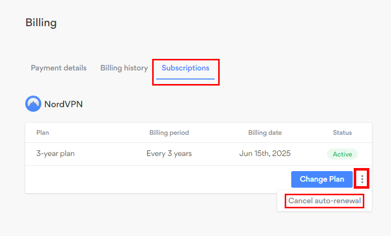 Select auto-renewal option to cancel NordVPN.