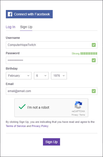 Click on Sign Up to create your Twitch account.