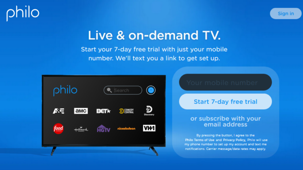 Sign up page of Philo on Apple TV
