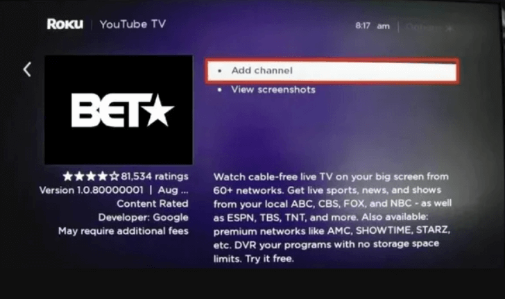 click add channel to install BET