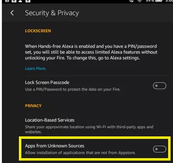 Toggle on unknown sources to install Google Meet on Fire Tablet