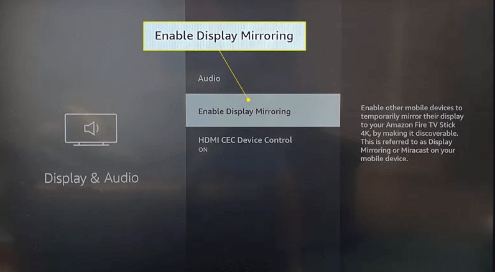 Select Enable Display Mirroring to cast YouTube Music to Firestick