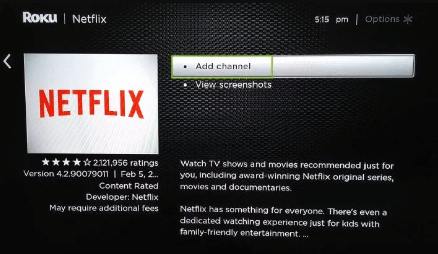 click add channel to install and activate netflix 