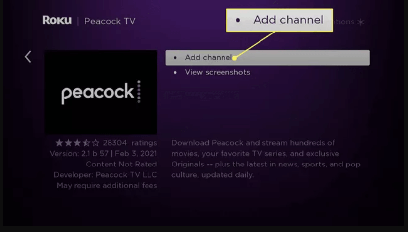 click add channel to install and activate peacock TV 