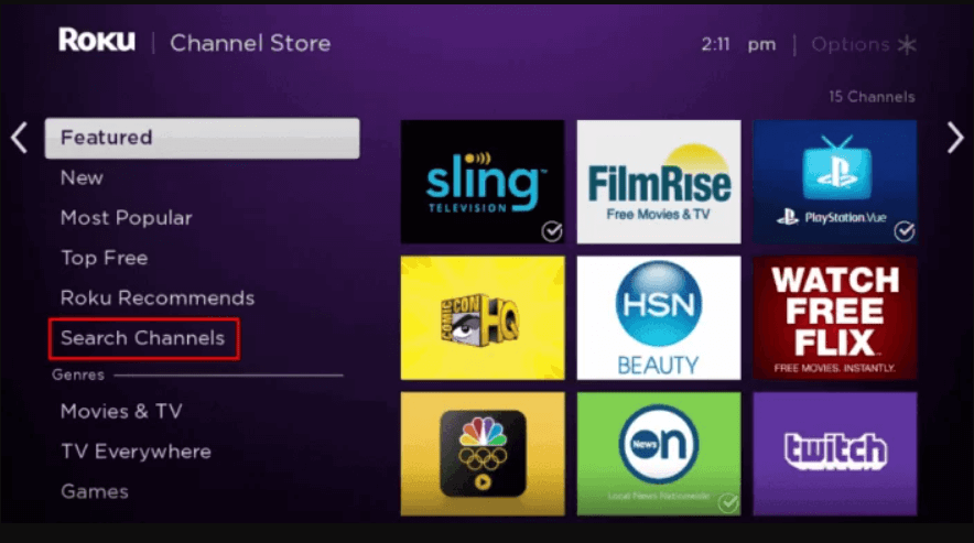 tap on search channels to install and activate vevo app on roku 