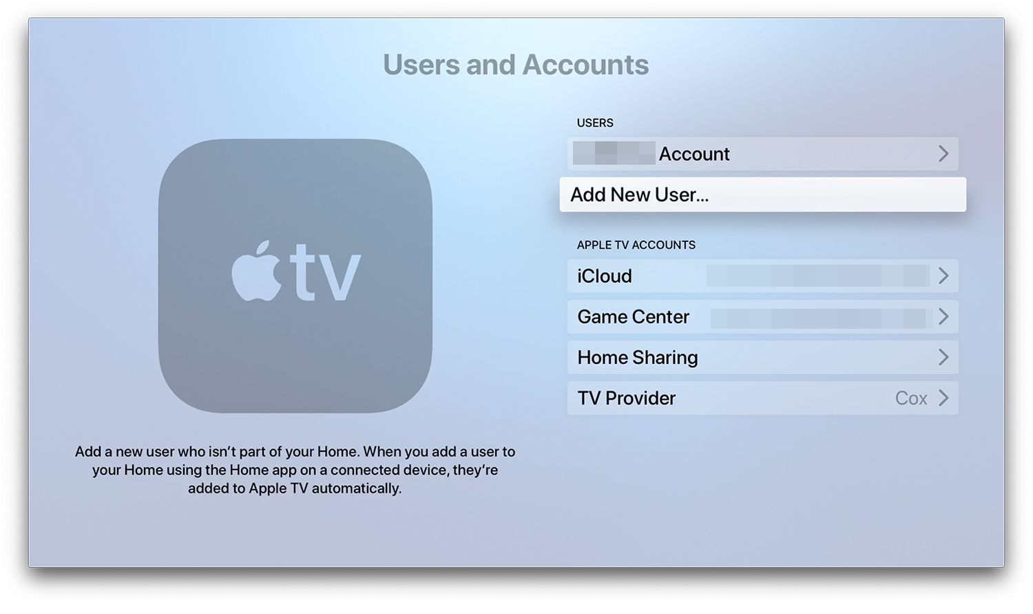 Users and Accounts option on Apple TV