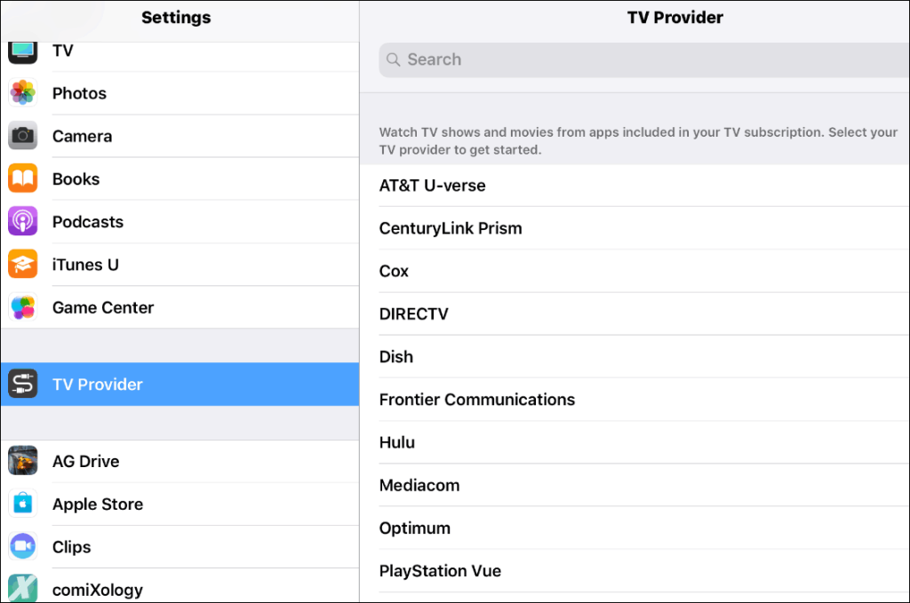 TV provider list on iPhone