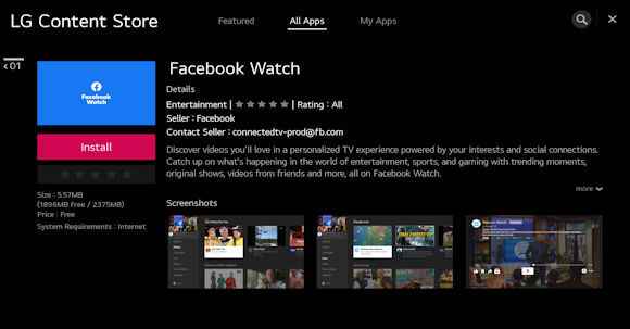 Click the Install button to install the Facebook Watch app on TV
