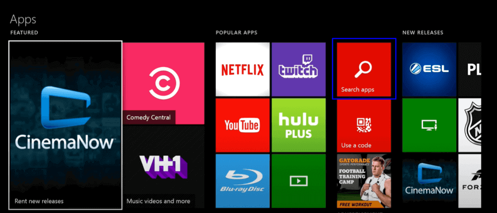 select search apps to Activate HBO NOW on xbox 