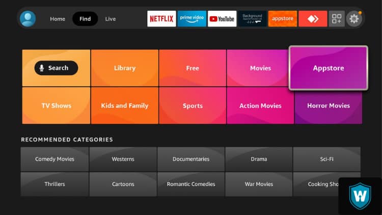 Click on the find tab on the top menu to find HBO NOW app on Firestick