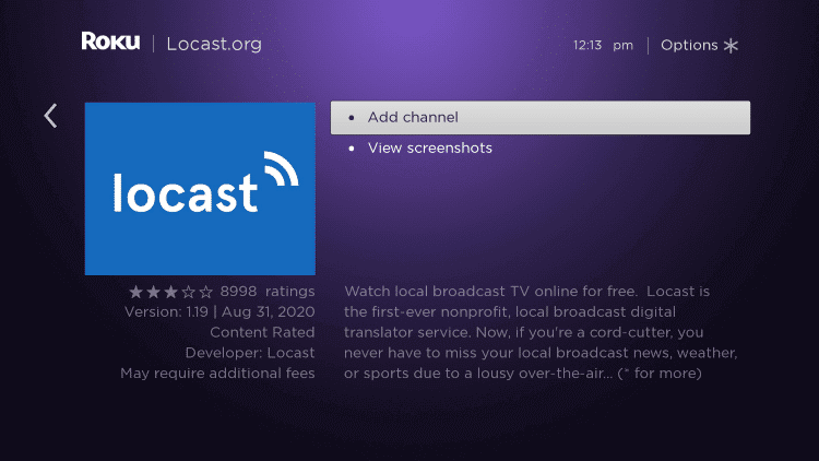 click add channel to install and Activate Locast 