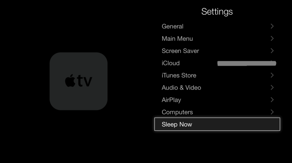 Select Sleep Now - how to set sleeping timer on apple tv 