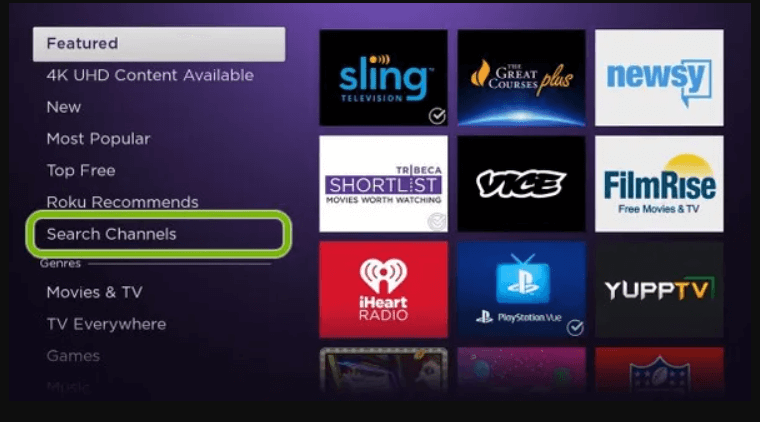 tap search channels to activate kanopy app on roku 