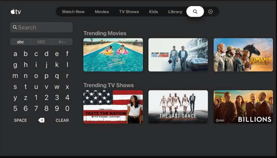 tap search to activate activate kanopy app on apple tv 