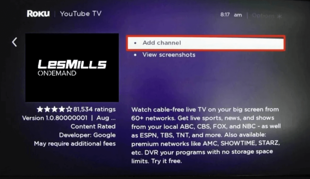 click add channel to install activate les mills on demand app on roku 