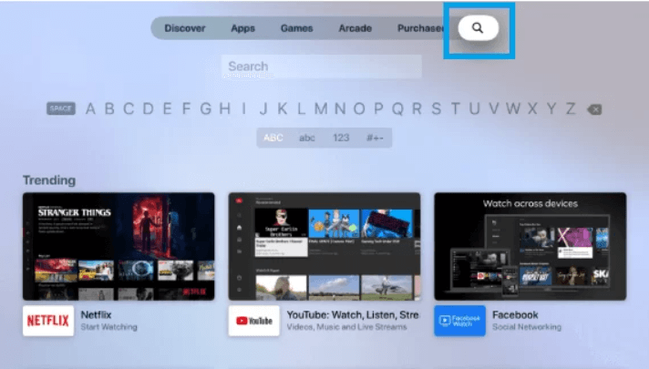 tap search to activate pop tv on apple tv 