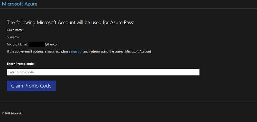 enter the promo code to Activate Azure Pass