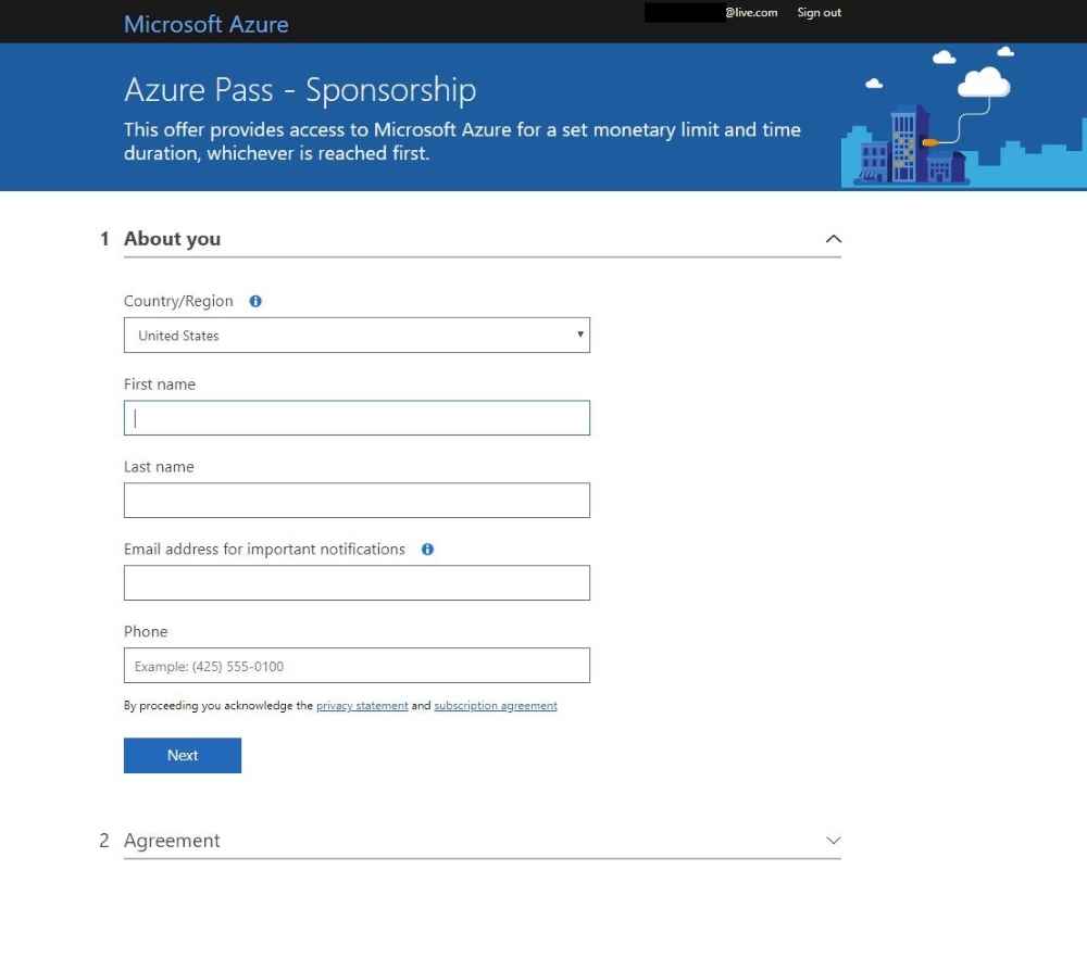 type your details to Activate Azure Pass