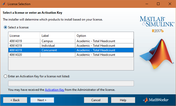 Select a license to Activate MATLAB