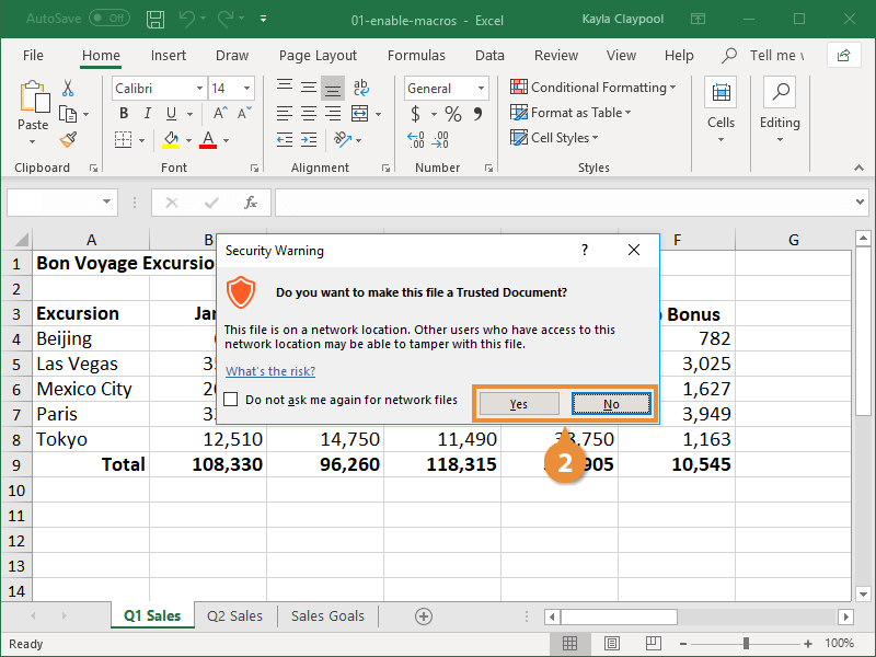 click yes to activate macros in excel 
