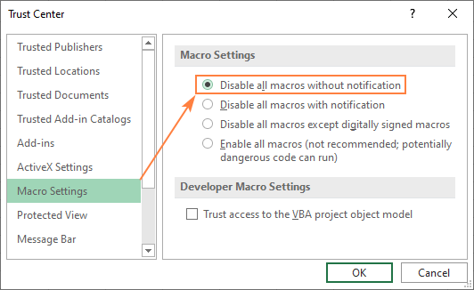 click disable all macros without notification