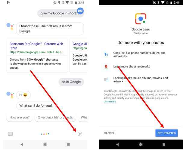 tap the get started button to Activate Google Lens